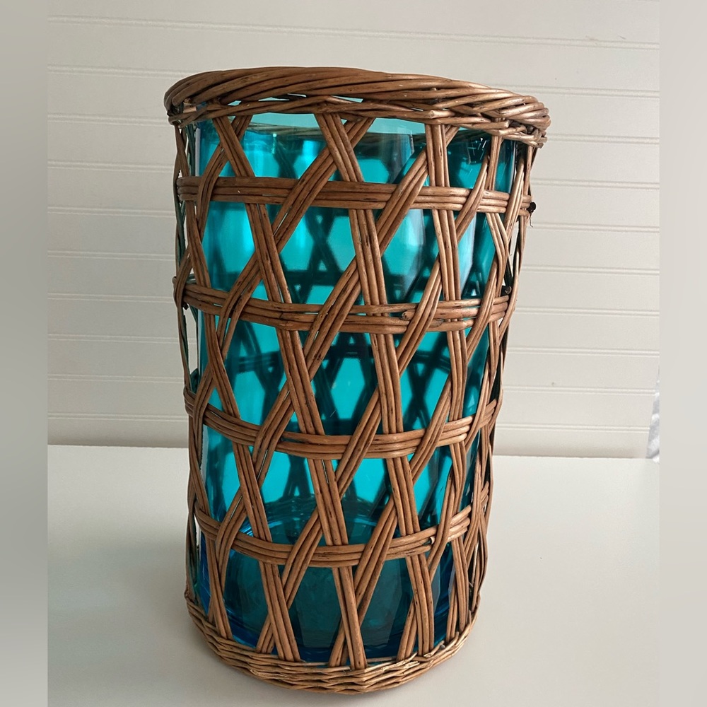 Umbrella holder - blue glass and rattan